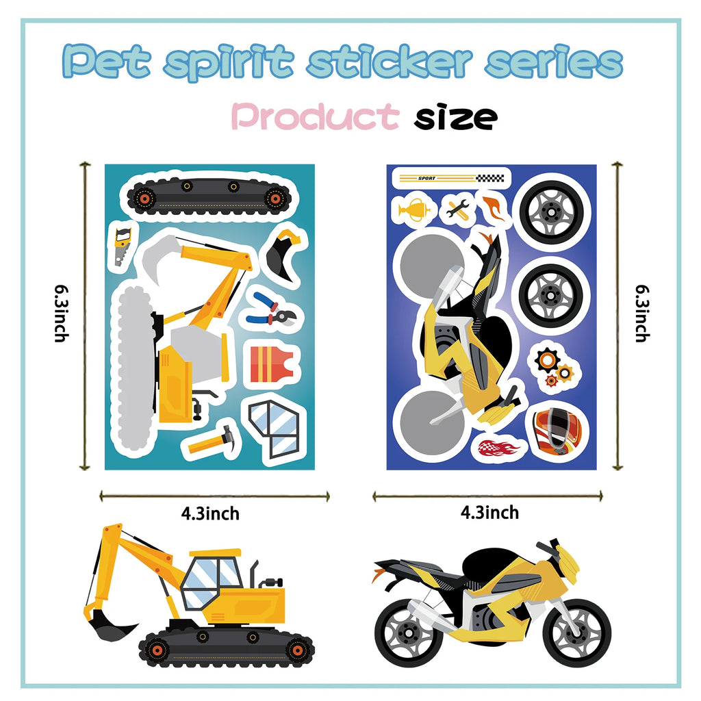 8/16/24Pcs Fire Truck Ambulance Puzzle Stickers Gifts Decoration DIY Decal Motorcycle Excavator Various Vehicle Combinations