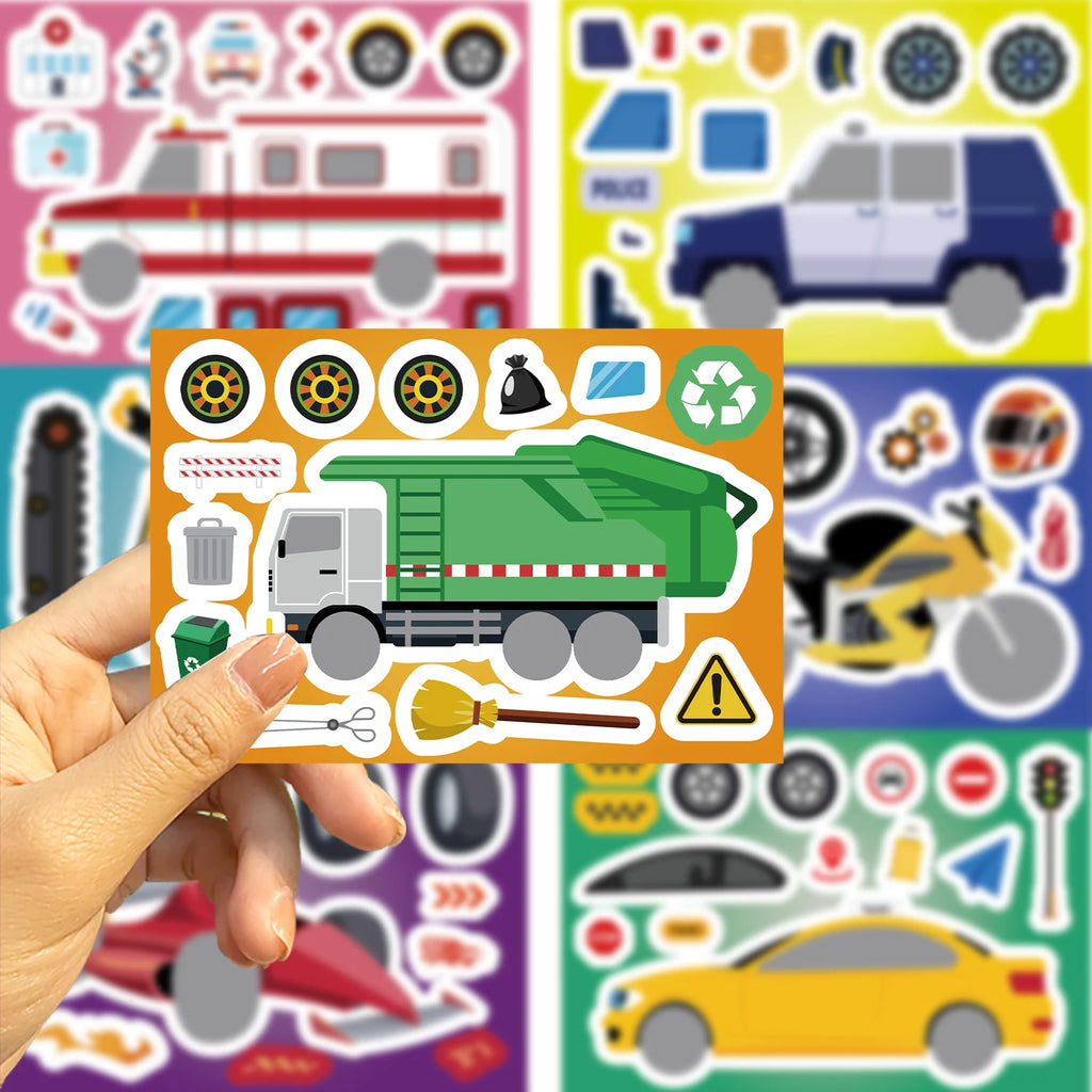 8/16/24Pcs Fire Truck Ambulance Puzzle Stickers Gifts Decoration DIY Decal Motorcycle Excavator Various Vehicle Combinations