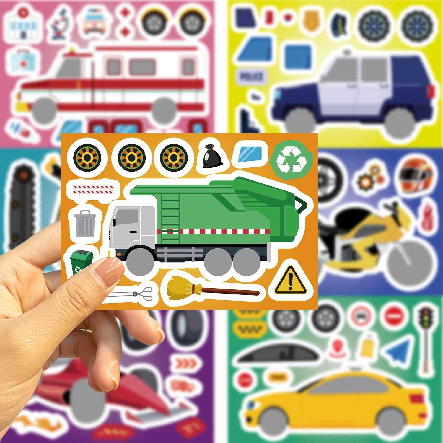 8/16/24Pcs Fire Truck Ambulance Puzzle Stickers Gifts Decoration DIY Decal Motorcycle Excavator Various Vehicle Combinations