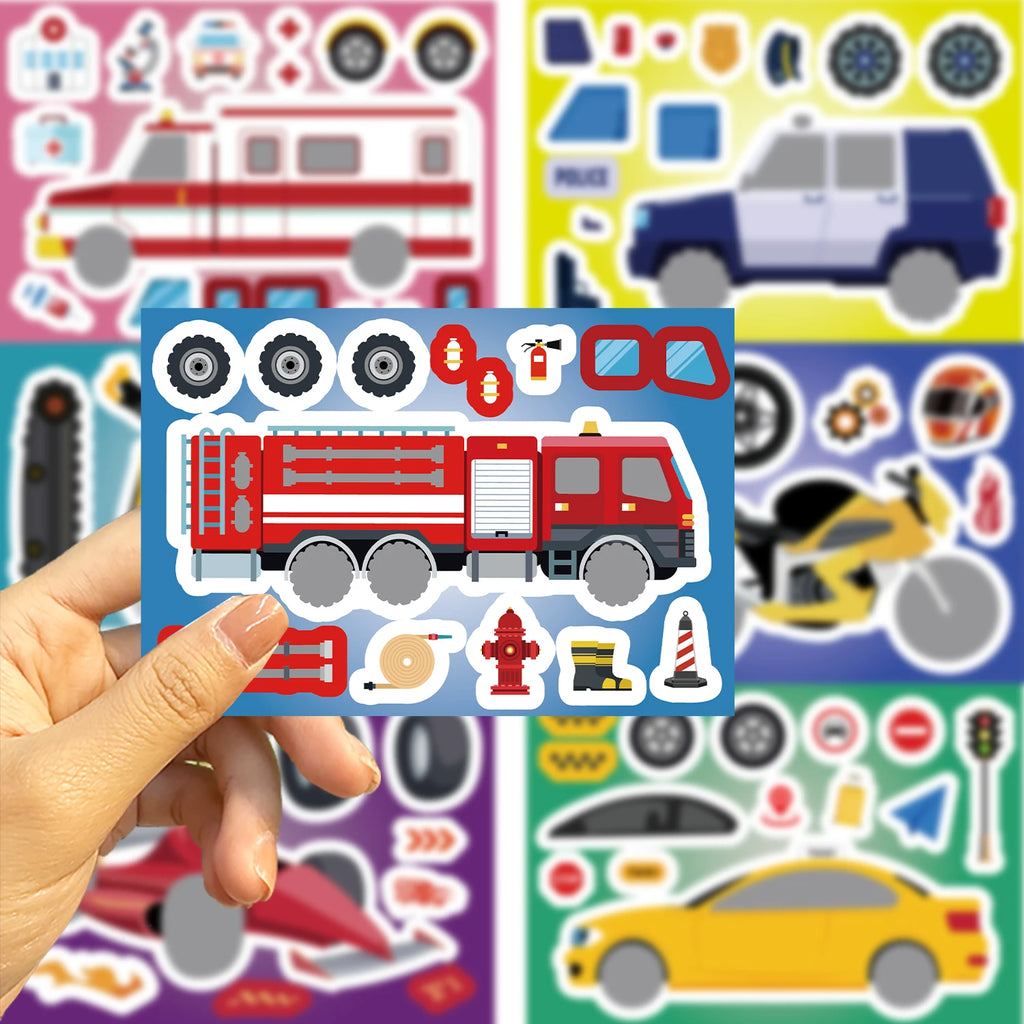 8/16/24Pcs Fire Truck Ambulance Puzzle Stickers Gifts Decoration DIY Decal Motorcycle Excavator Various Vehicle Combinations