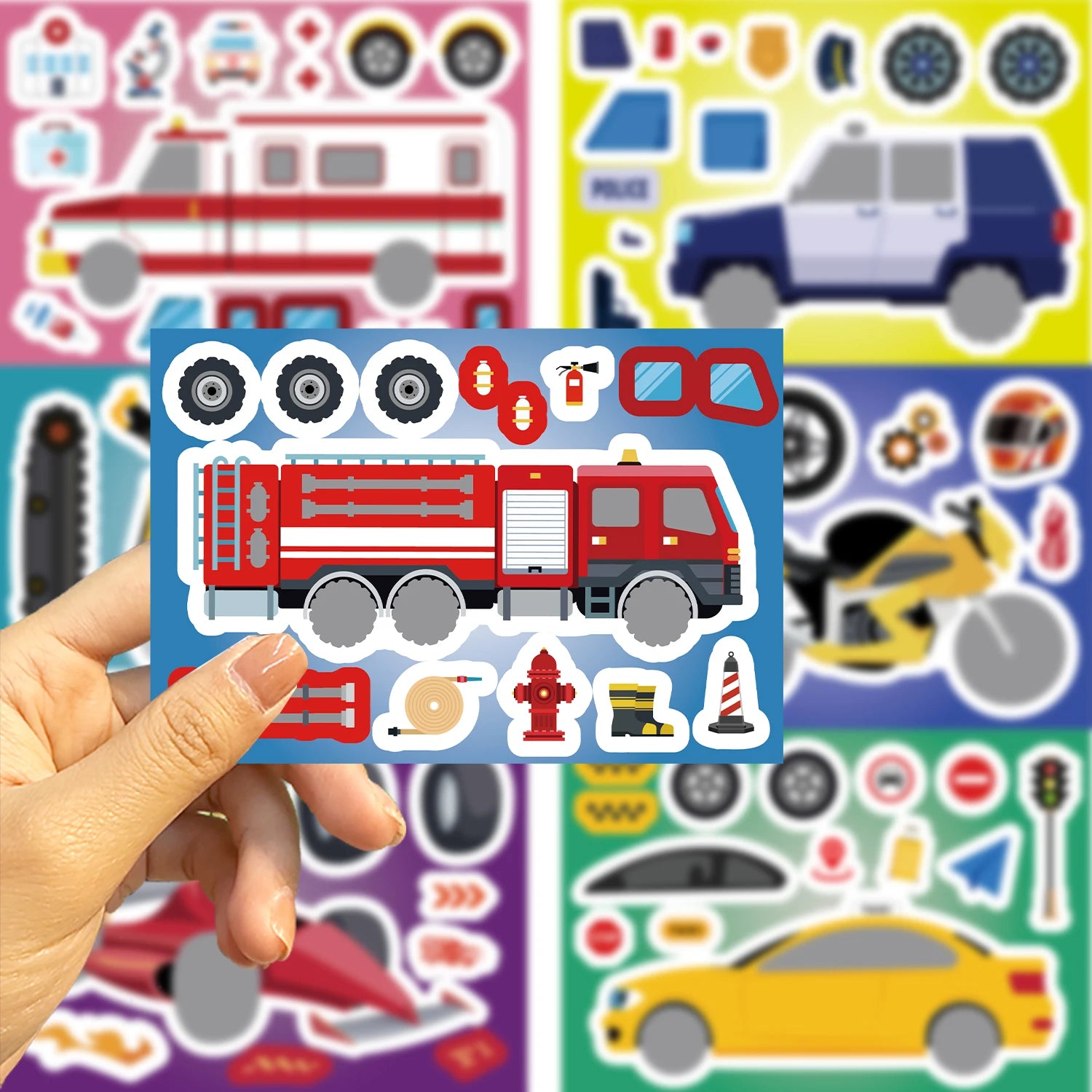 8/16/24Pcs Fire Truck Ambulance Puzzle Stickers Gifts Decoration DIY Decal Motorcycle Excavator Various Vehicle Combinations