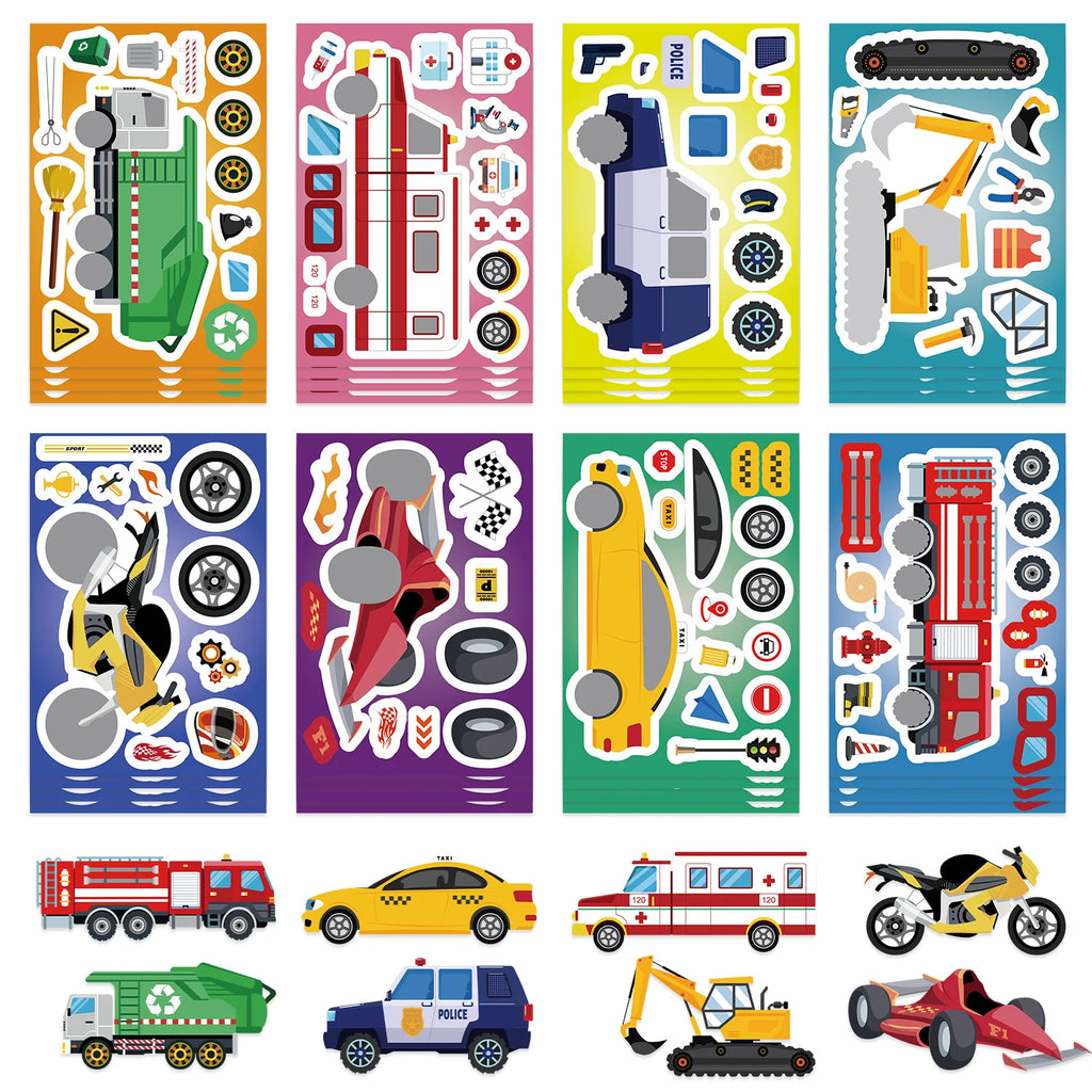 8/16/24Pcs Fire Truck Ambulance Puzzle Stickers Gifts Decoration DIY Decal Motorcycle Excavator Various Vehicle Combinations