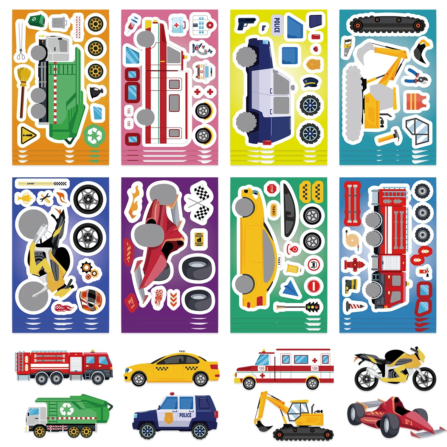 8/16/24Pcs Fire Truck Ambulance Puzzle Stickers Gifts Decoration DIY Decal Motorcycle Excavator Various Vehicle Combinations
