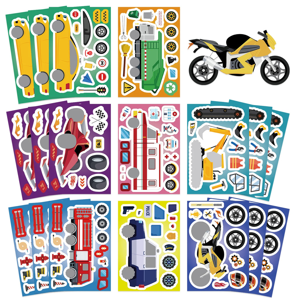 8/16/24Pcs Fire Truck Ambulance Puzzle Stickers Gifts Decoration DIY Decal Motorcycle Excavator Various Vehicle Combinations