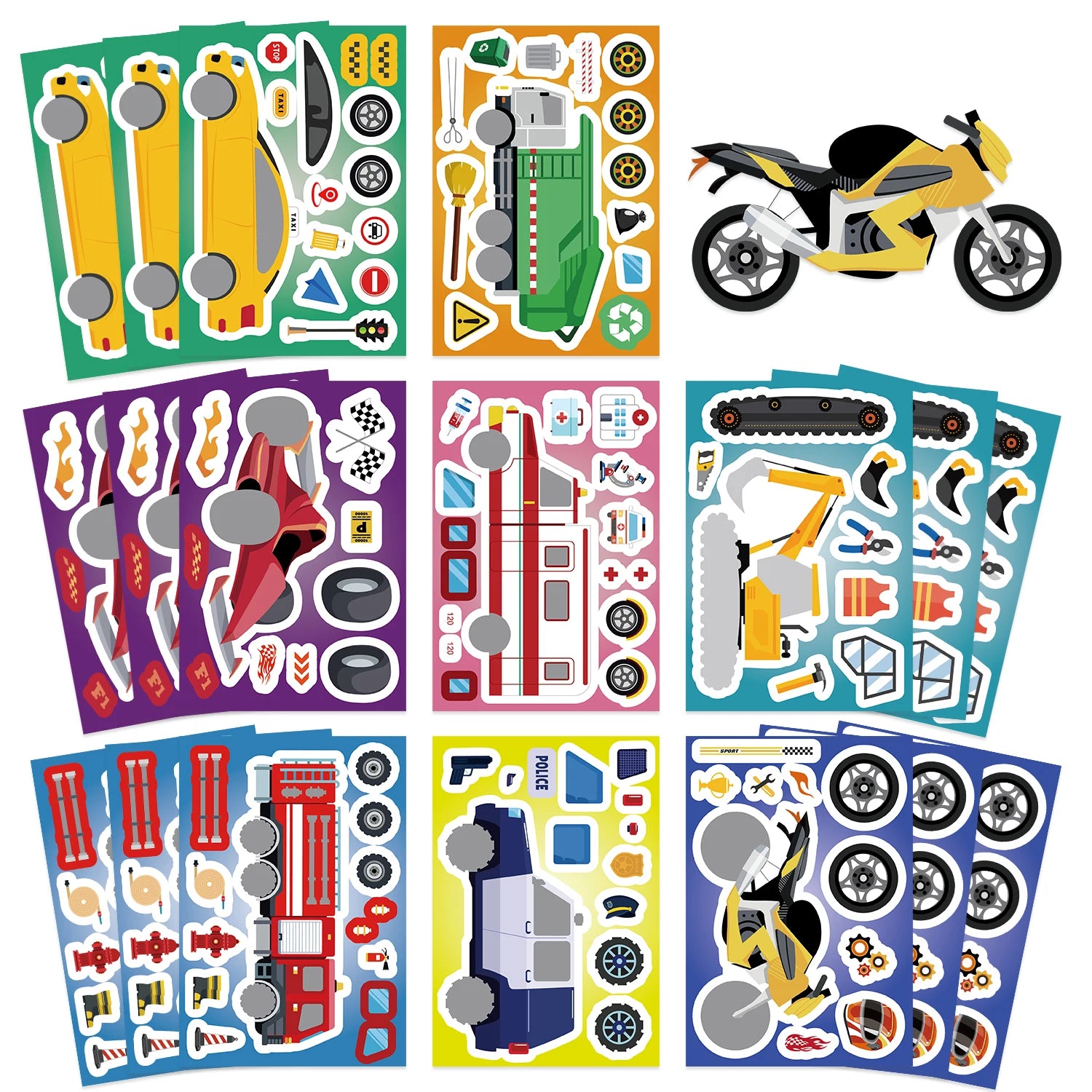 8/16/24Pcs Fire Truck Ambulance Puzzle Stickers Gifts Decoration DIY Decal Motorcycle Excavator Various Vehicle Combinations
