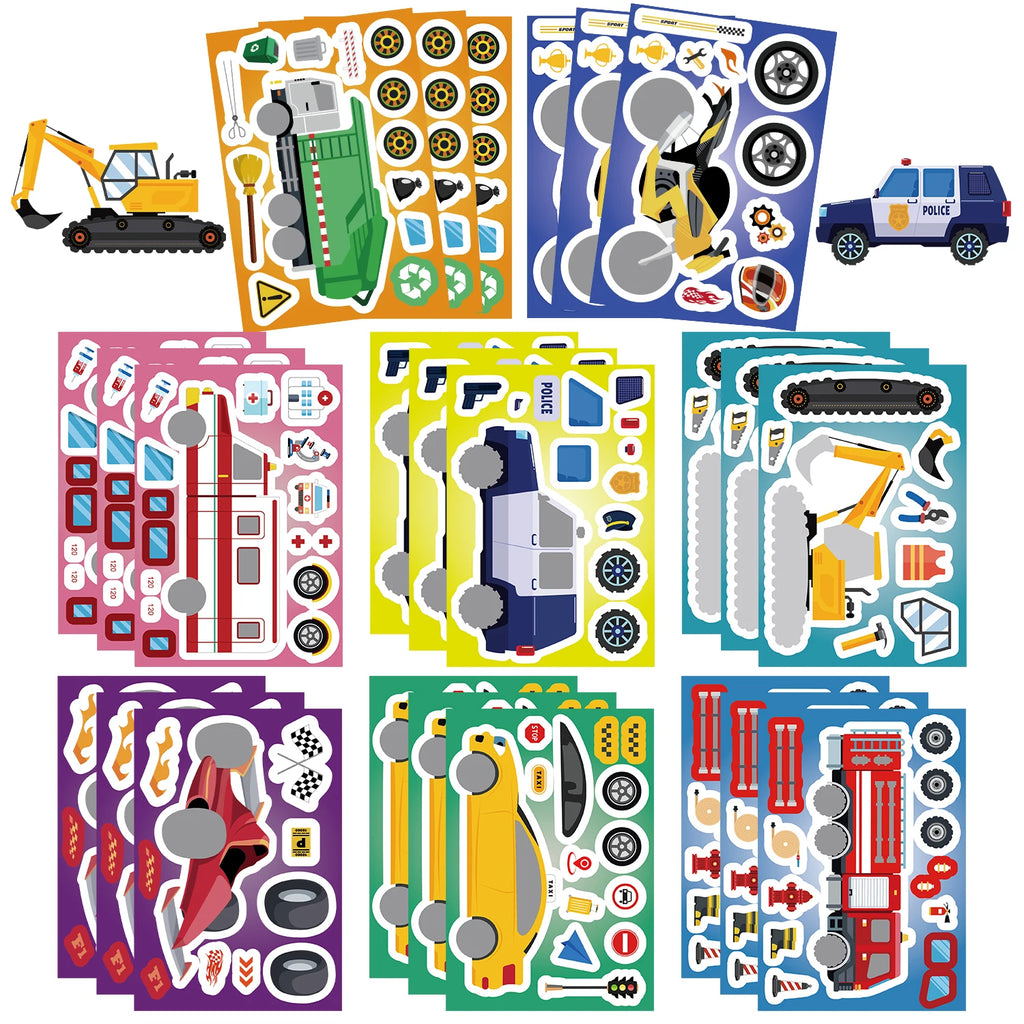 8/16/24Pcs Fire Truck Ambulance Puzzle Stickers Gifts Decoration DIY Decal Motorcycle Excavator Various Vehicle Combinations