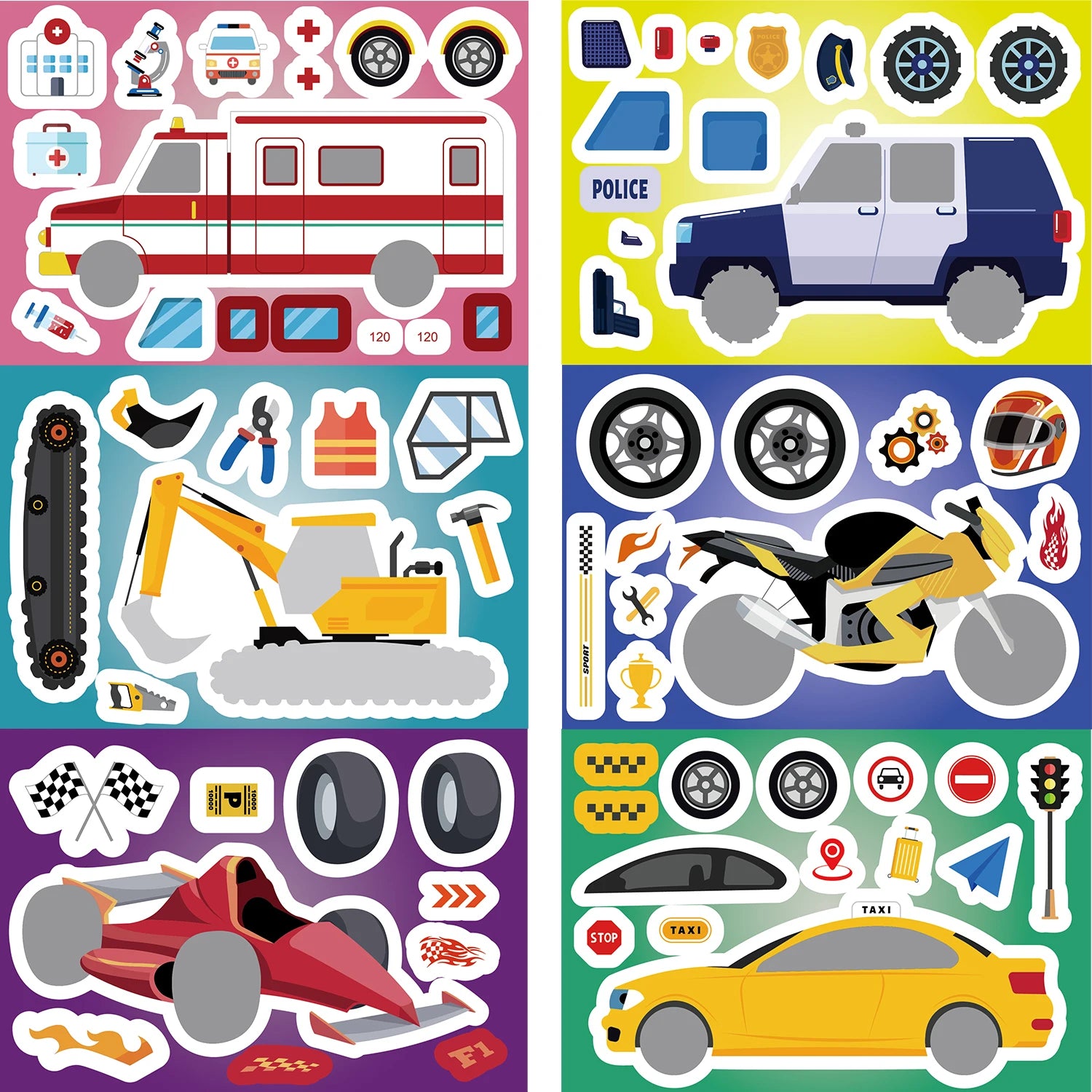 8/16/24Pcs Fire Truck Ambulance Puzzle Stickers Gifts Decoration DIY Decal Motorcycle Excavator Various Vehicle Combinations